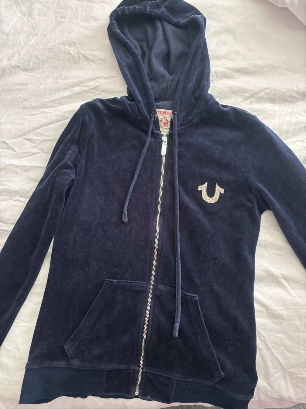 True Religion Navy rhinestone Zip-Up velour Hoodie Jacket